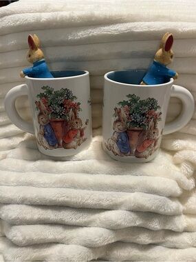 Peter Rabbit Beatrix Potter Ceramic 3D Bunny Floral Mugs with Blue Interior